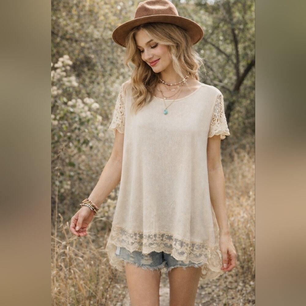 Easel Oversized Cream Tunic Lace Trim Boho Cottagecore Sz S #1242